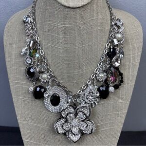 Handmade Charm Junk Charm Silvertone Black Sparkly Statement 19" to 22"